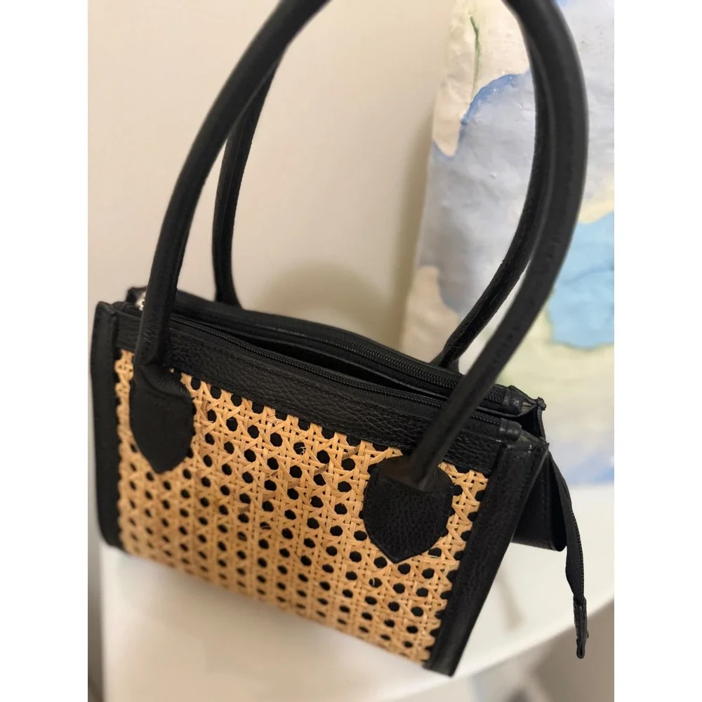 Diane B. Milano Black‎ Leather and Woven Cane Handbag Satchel Triple Compartment